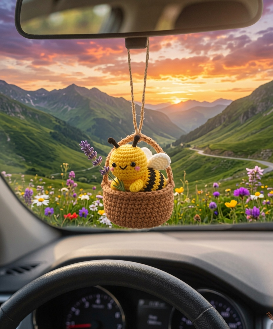 Handmade Crochet Bee Basket Car Charm – Cute Rear View Mirror Ornament