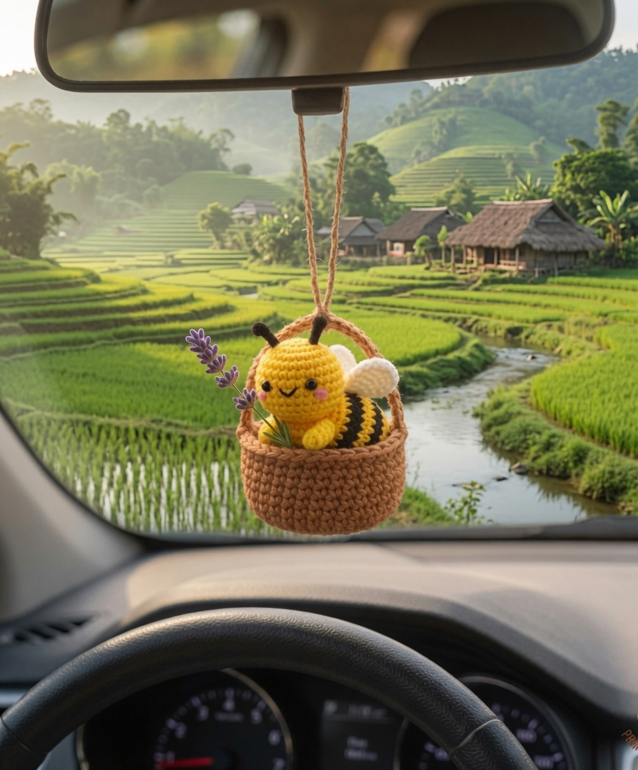 Handmade Crochet Bee Basket Car Charm – Cute Rear View Mirror Ornament