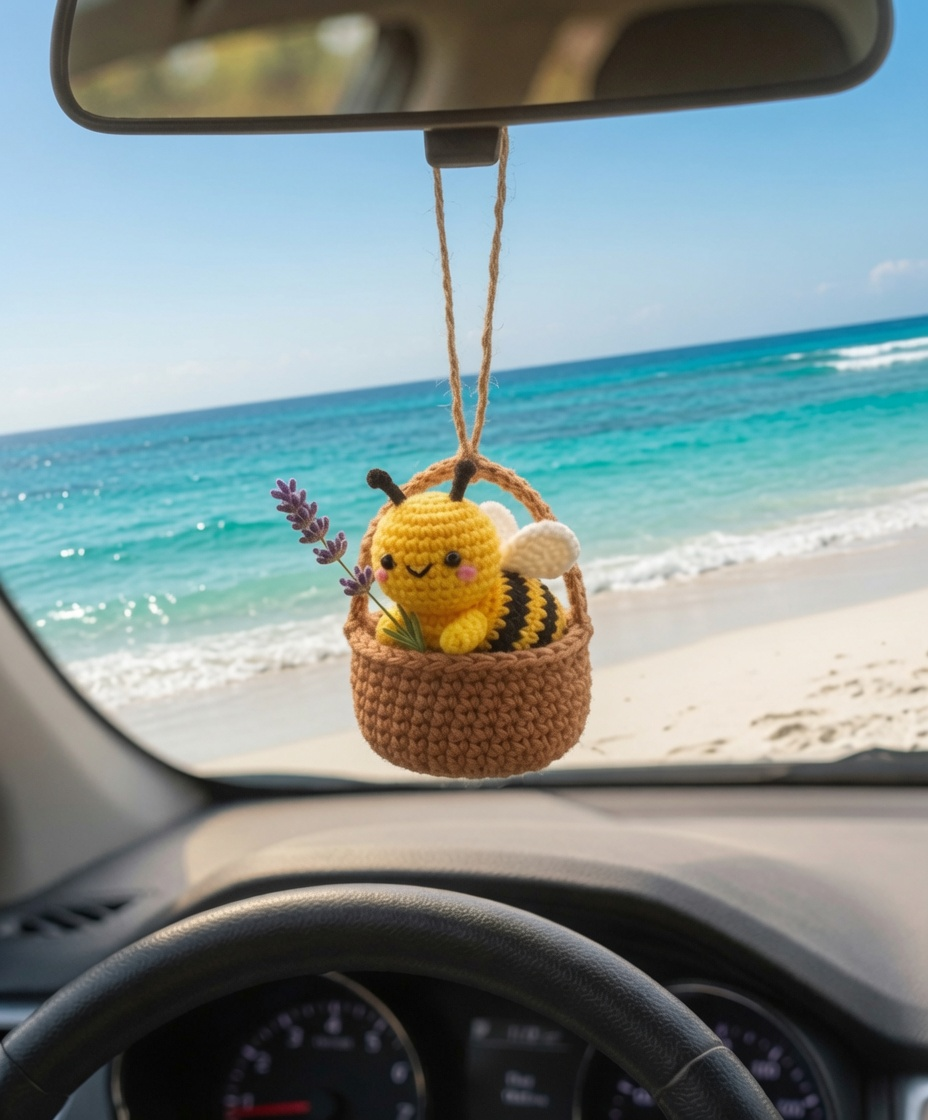 Handmade Crochet Bee Basket Car Charm – Cute Rear View Mirror Ornament