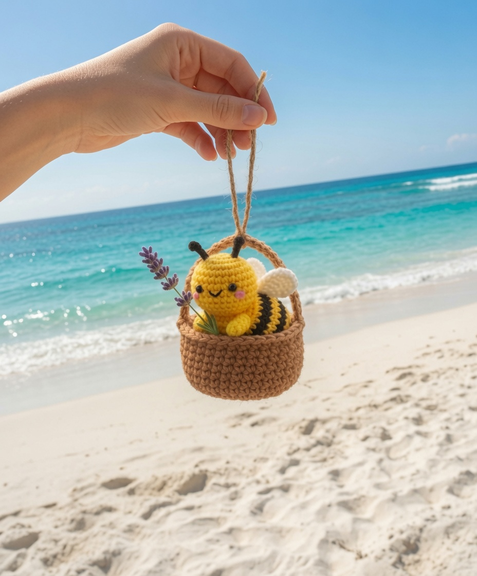 Handmade Crochet Bee Basket Car Charm – Cute Rear View Mirror Ornament