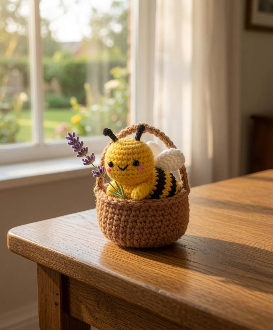 Handmade Crochet Bee Basket Car Charm – Cute Rear View Mirror Ornament