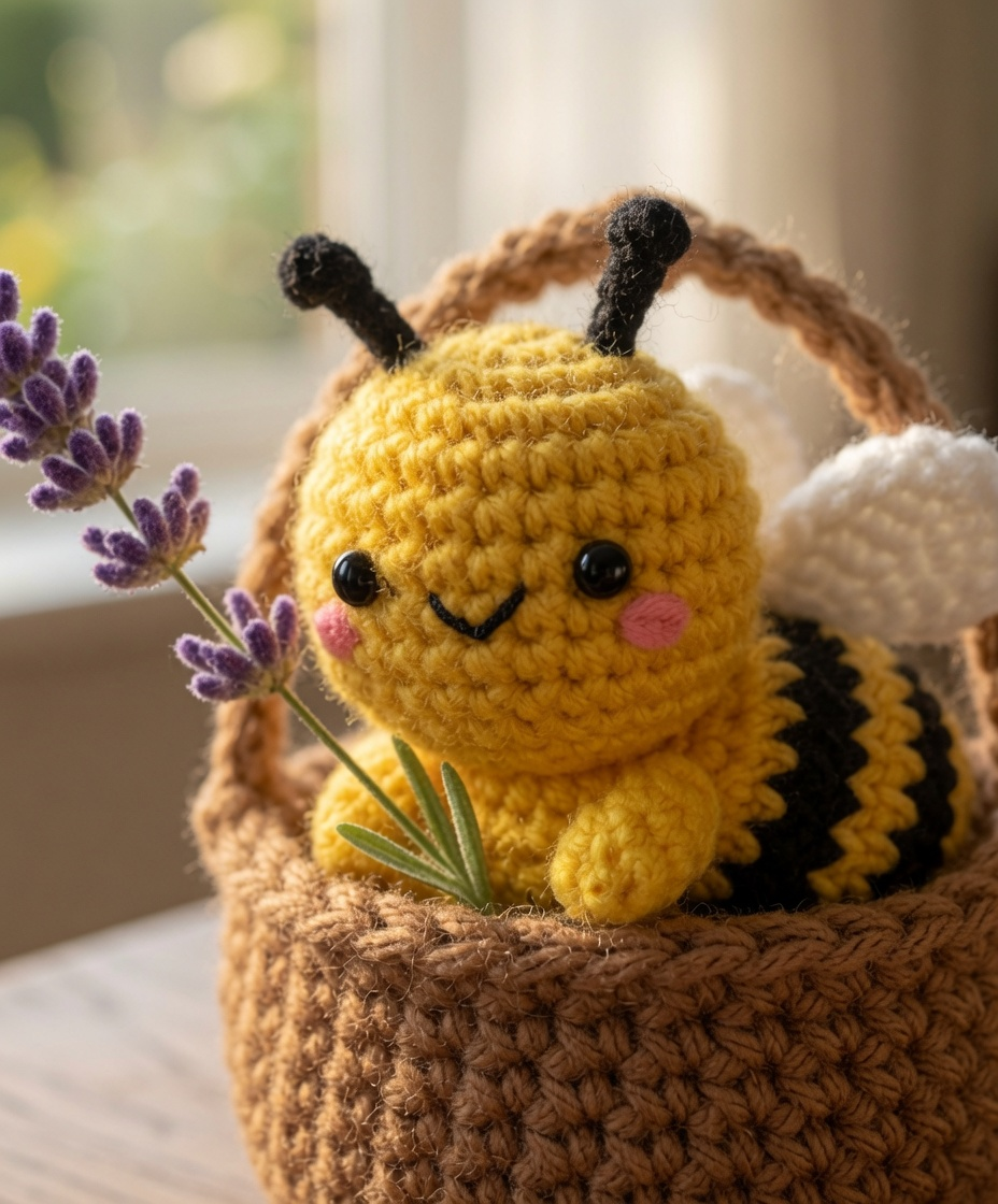 Handmade Crochet Bee Basket Car Charm – Cute Rear View Mirror Ornament