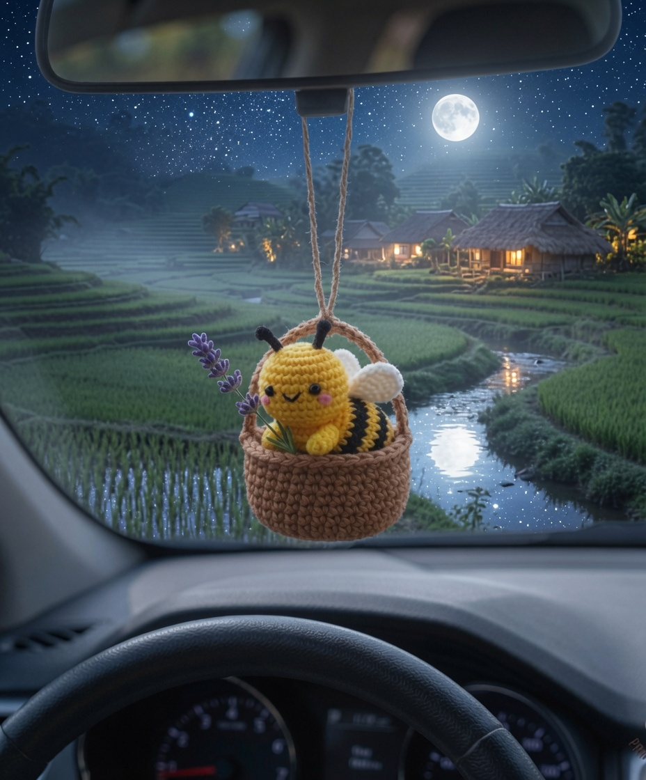 Handmade Crochet Bee Basket Car Charm – Cute Rear View Mirror Ornament