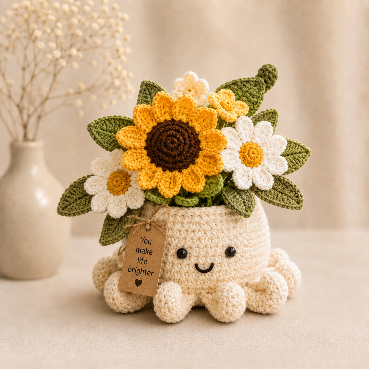 Sunshine Crochet Octopus Pot with Sunflower & Daisy Bouquet – Handmade Floral Gift