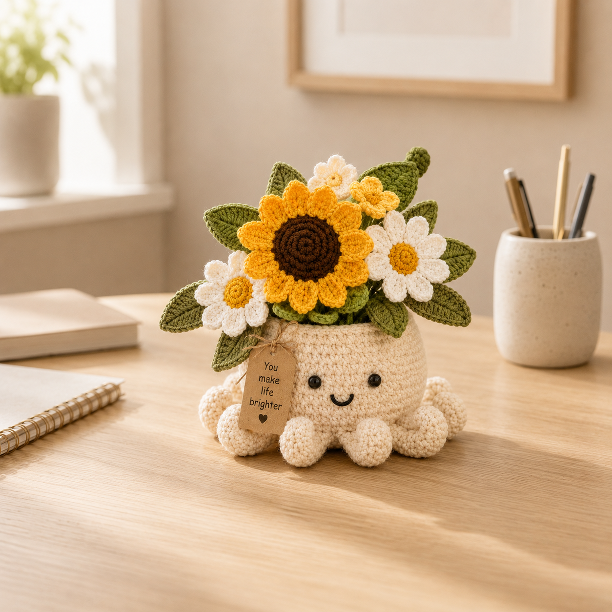 Sunshine Crochet Octopus Pot with Sunflower & Daisy Bouquet – Handmade Floral Gift