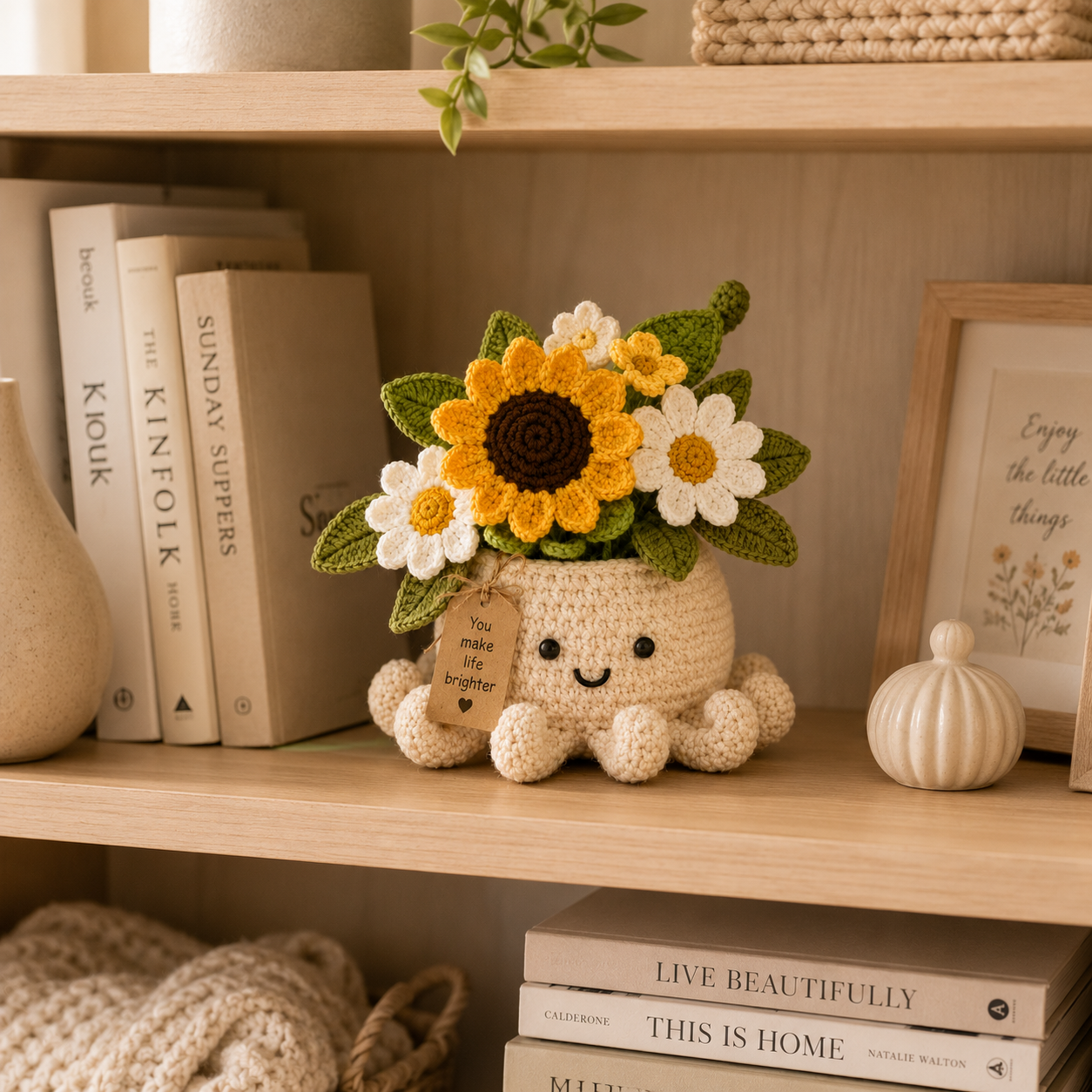 Sunshine Crochet Octopus Pot with Sunflower & Daisy Bouquet – Handmade Floral Gift