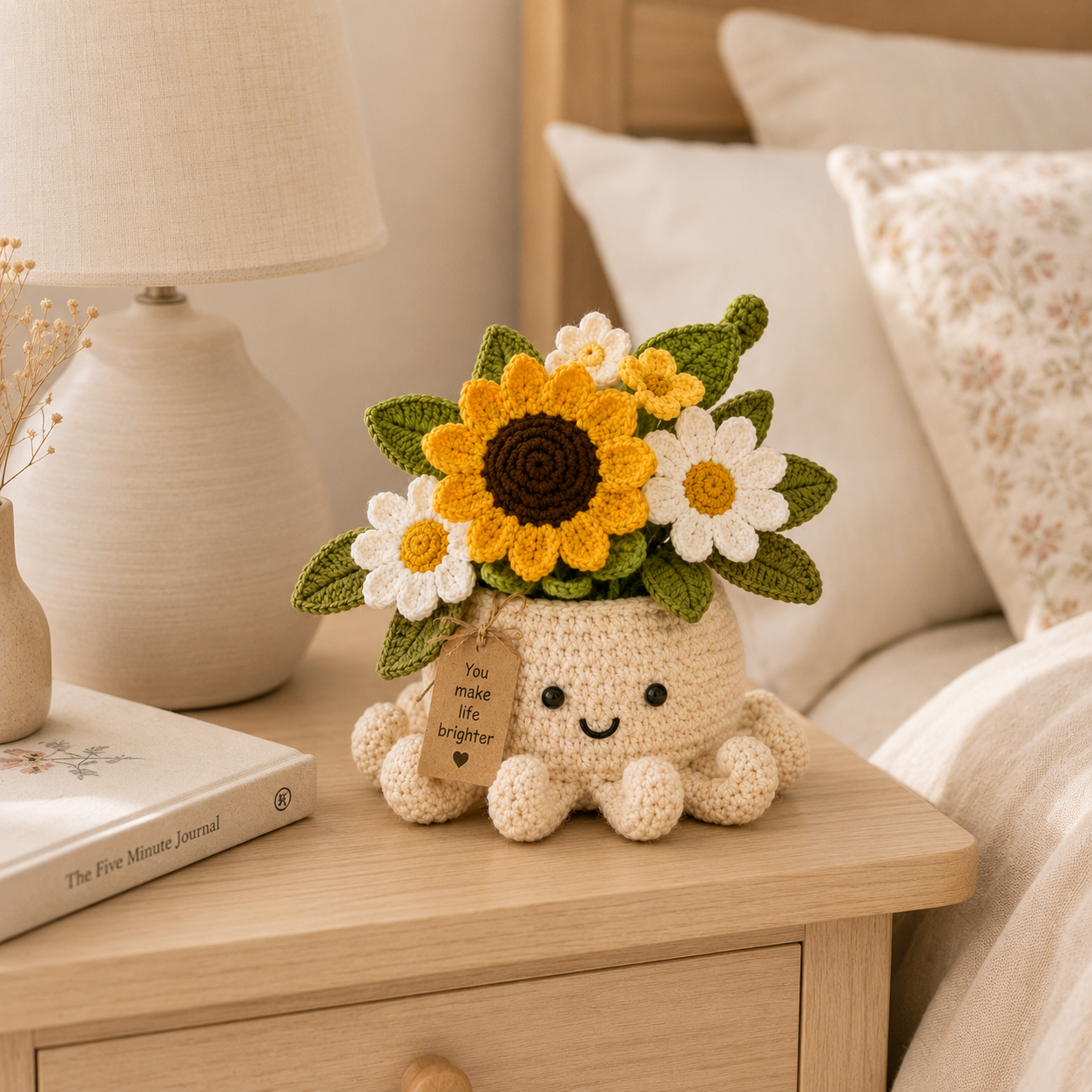 Sunshine Crochet Octopus Pot with Sunflower & Daisy Bouquet – Handmade Floral Gift