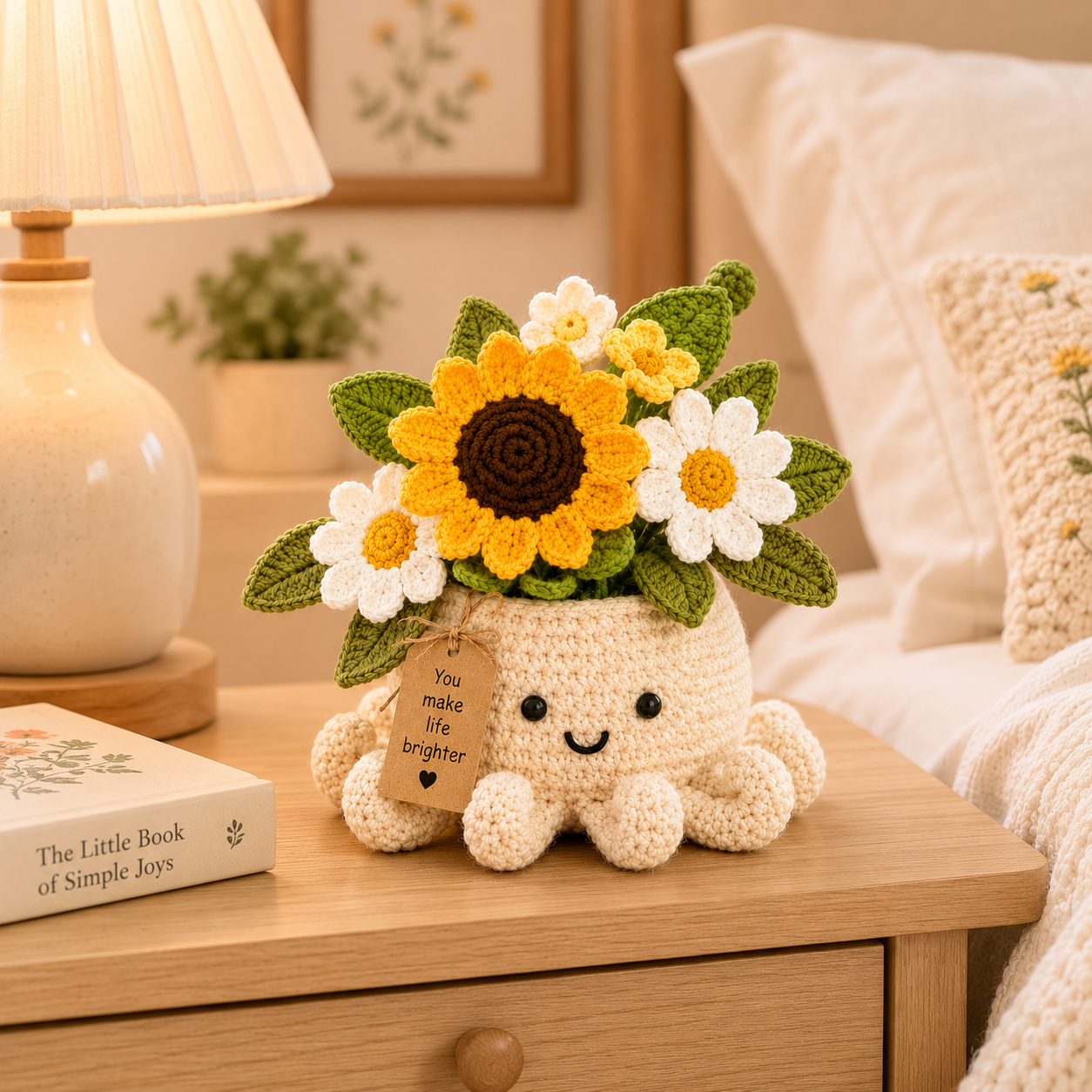 Sunshine Crochet Octopus Pot with Sunflower & Daisy Bouquet – Handmade Floral Gift