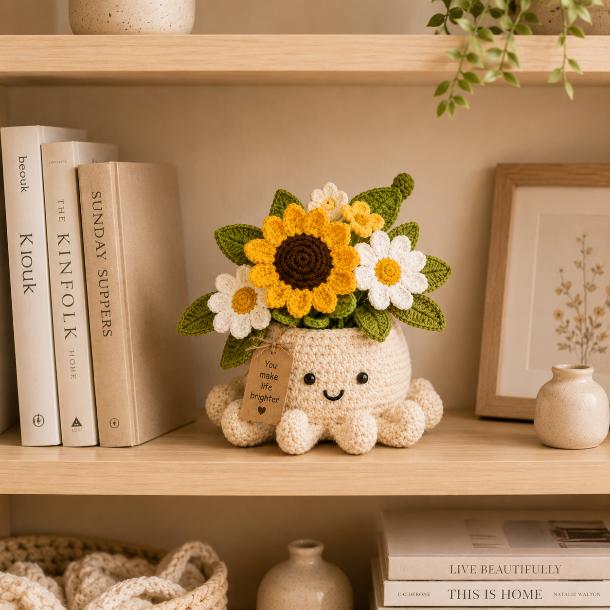 Sunshine Crochet Octopus Pot with Sunflower & Daisy Bouquet – Handmade Floral Gift