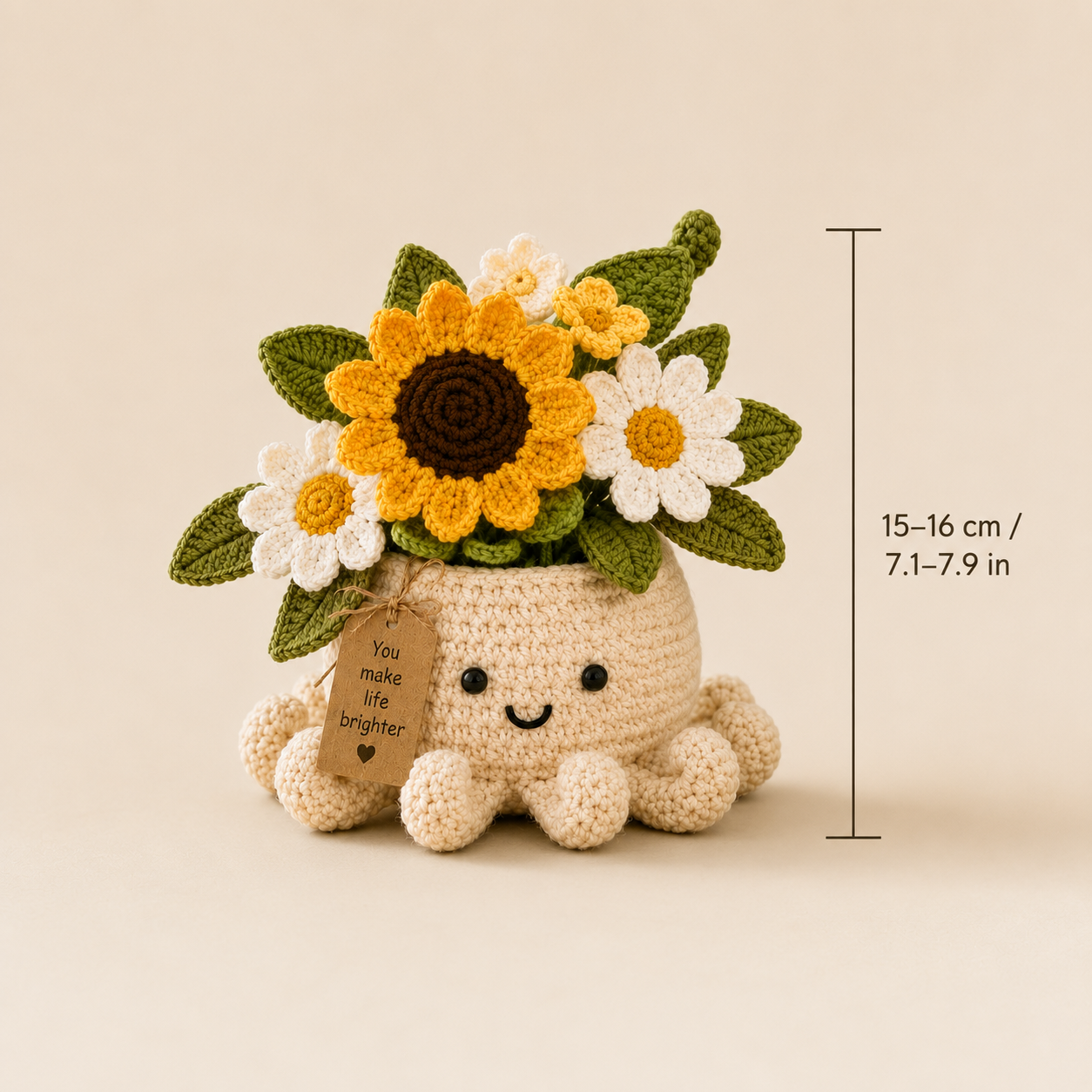 Sunshine Crochet Octopus Pot with Sunflower & Daisy Bouquet – Handmade Floral Gift