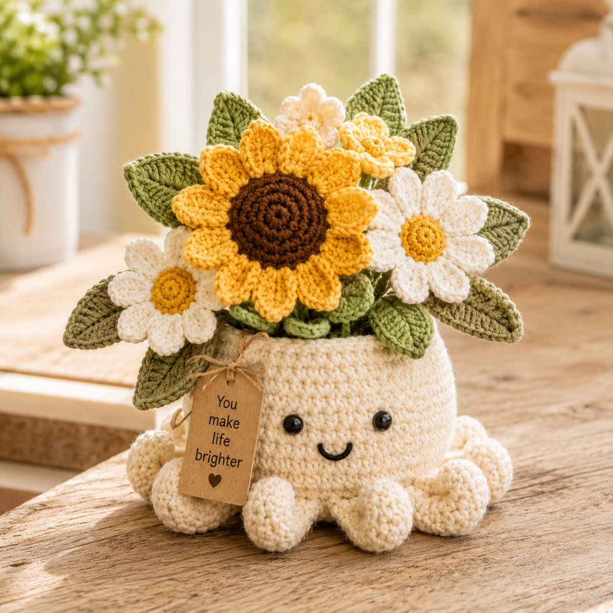 Sunshine Crochet Octopus Pot with Sunflower & Daisy Bouquet – Handmade Floral Gift