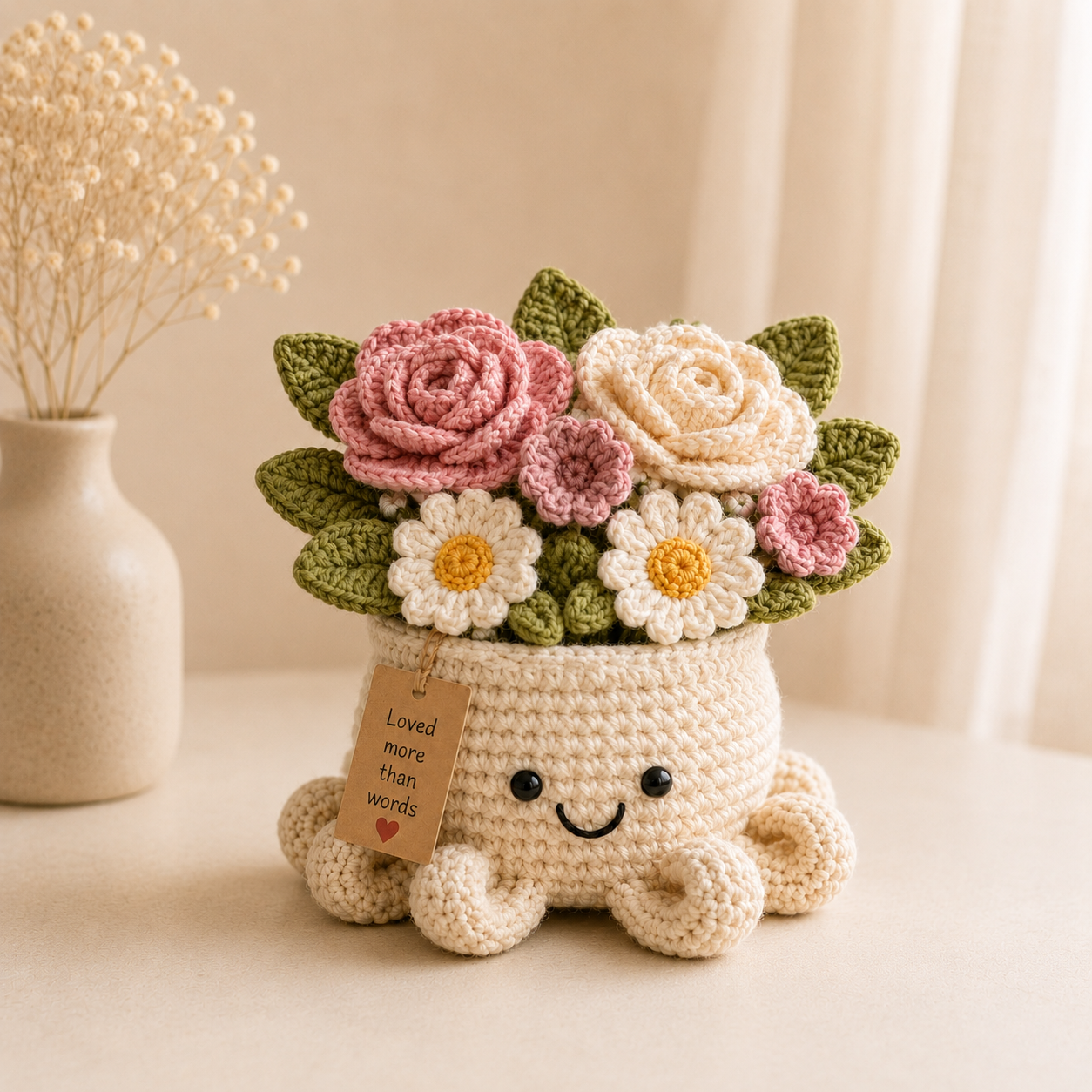 Blush Crochet Rose Bouquet in Octopus Pot – Handmade Floral Gift