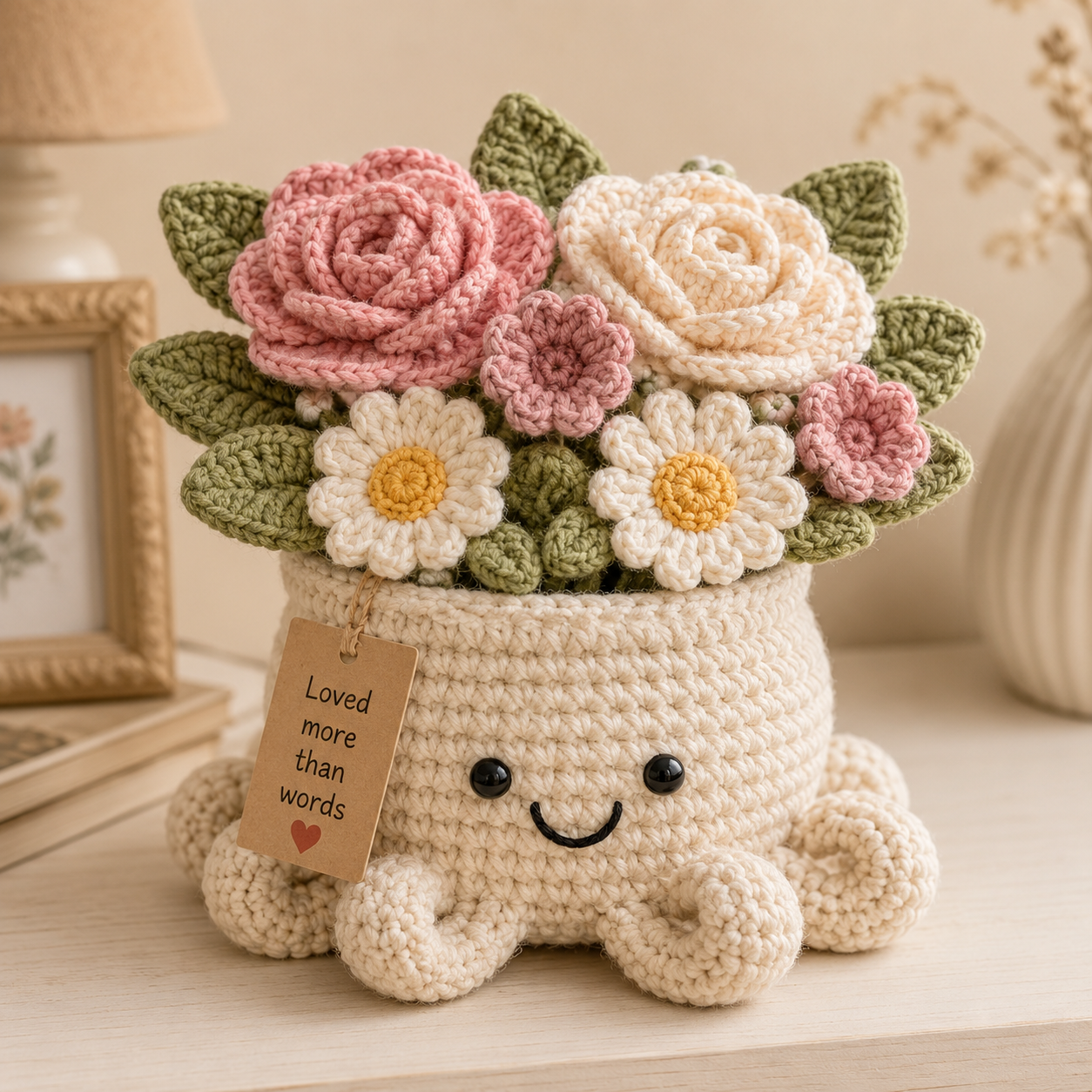 Blush Crochet Rose Bouquet in Octopus Pot – Handmade Floral Gift