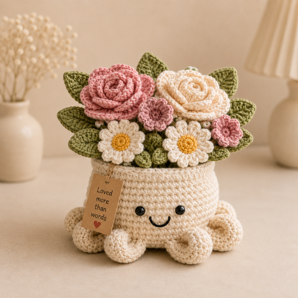 Blush Crochet Rose Bouquet in Octopus Pot – Handmade Floral Gift