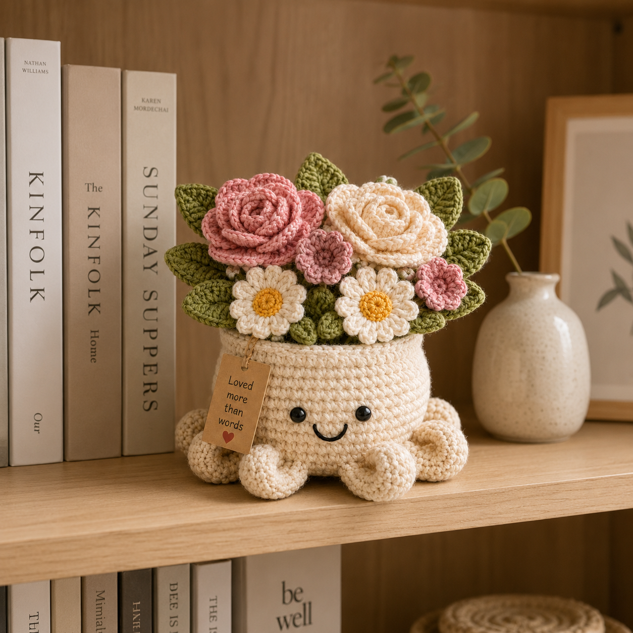 Blush Crochet Rose Bouquet in Octopus Pot – Handmade Floral Gift