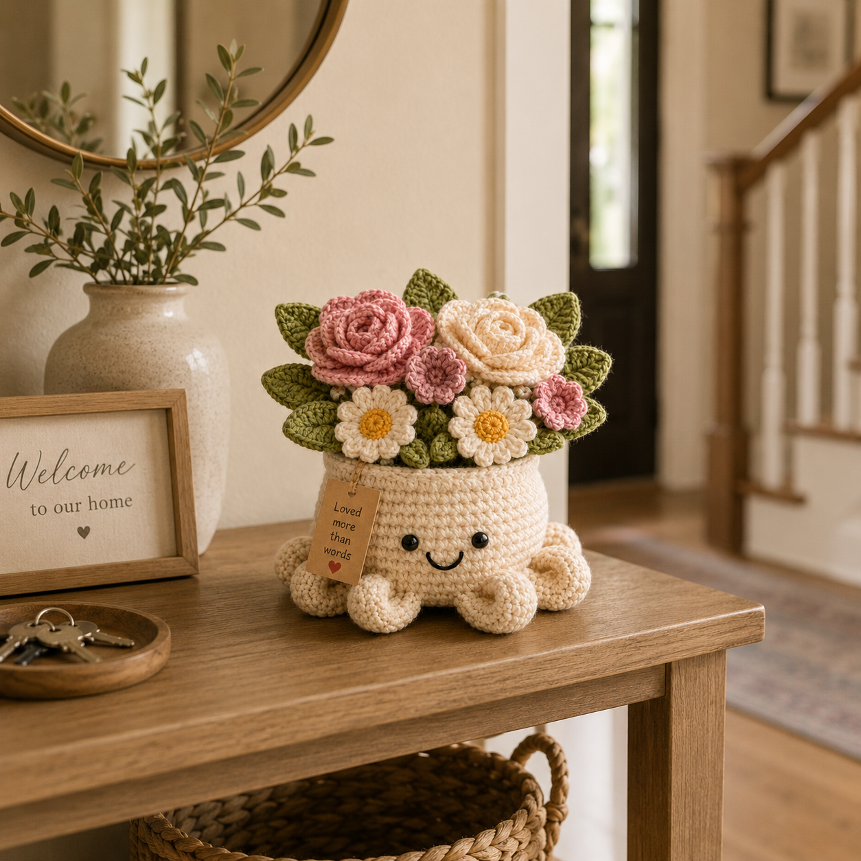 Blush Crochet Rose Bouquet in Octopus Pot – Handmade Floral Gift