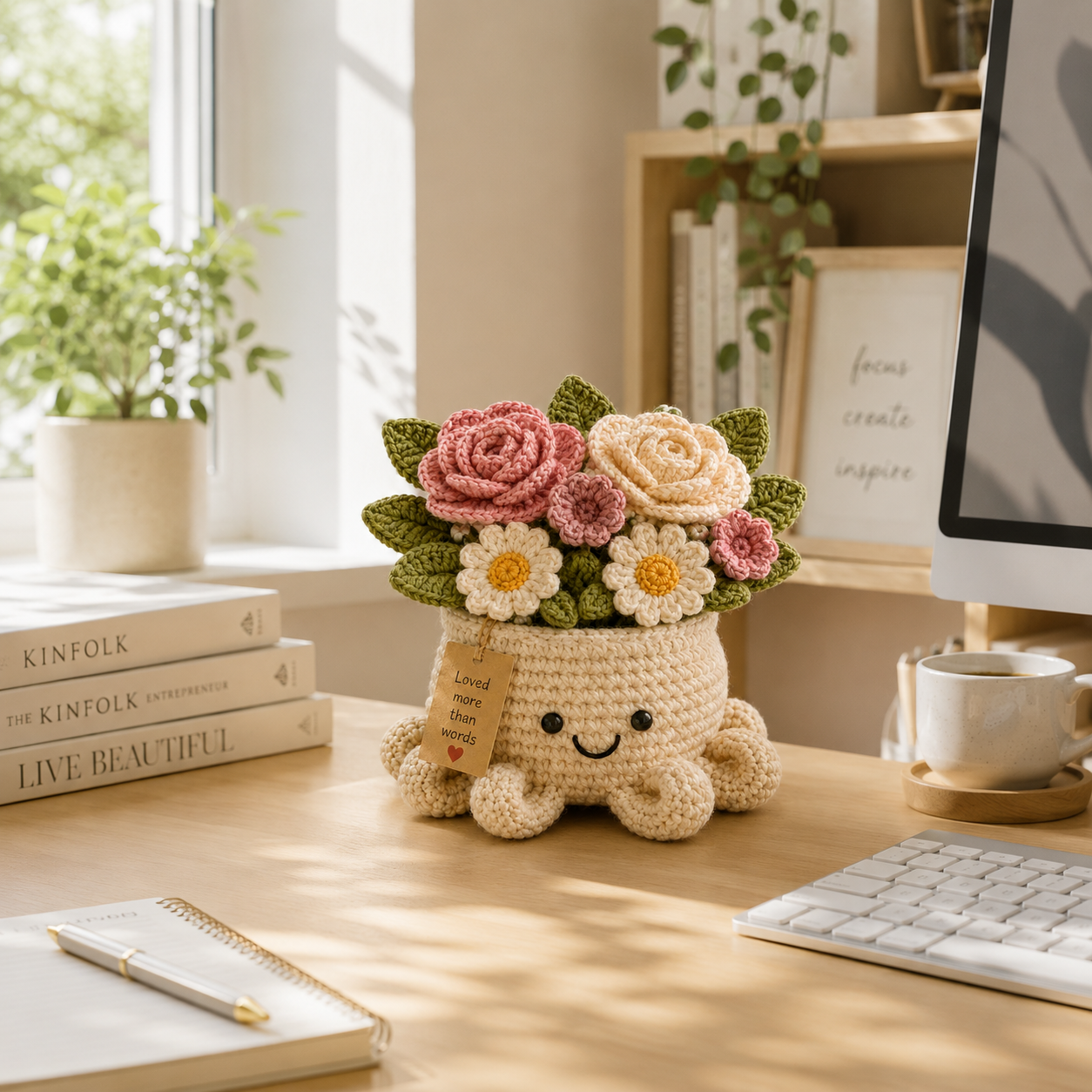 Blush Crochet Rose Bouquet in Octopus Pot – Handmade Floral Gift