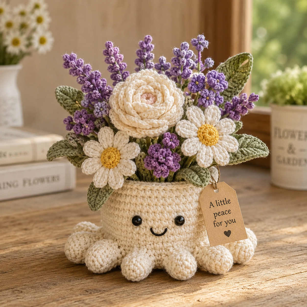 Crochet Lavender & Daisy Bouquet in Octopus Pot, Handmade Gift