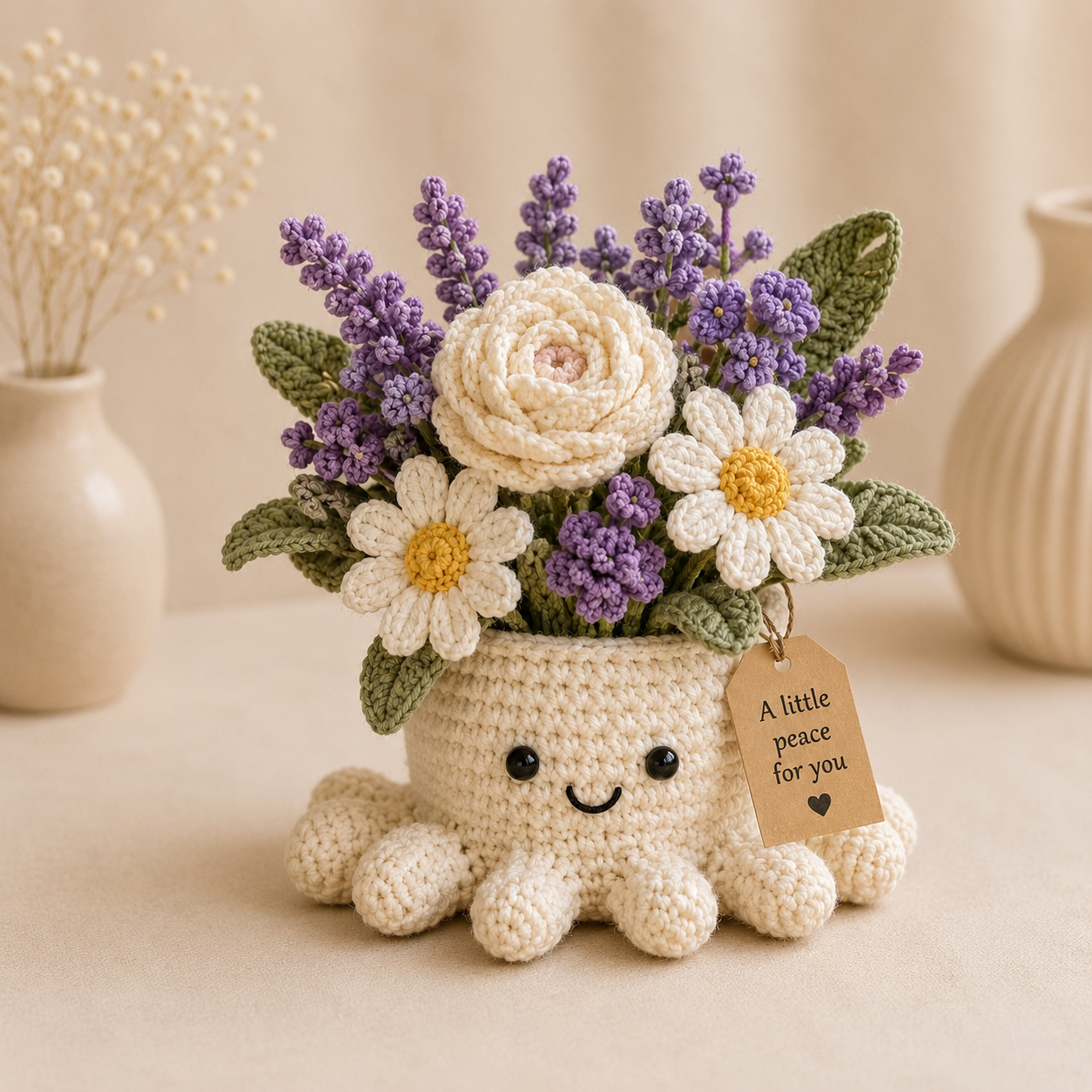 Crochet Lavender & Daisy Bouquet in Octopus Pot, Handmade Gift