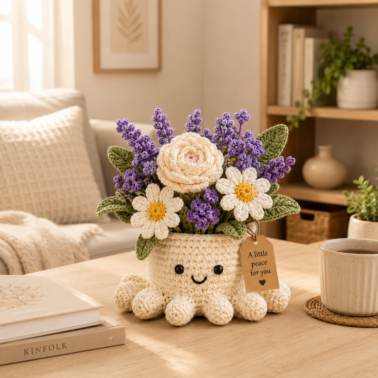 Crochet Lavender & Daisy Bouquet in Octopus Pot, Handmade Gift