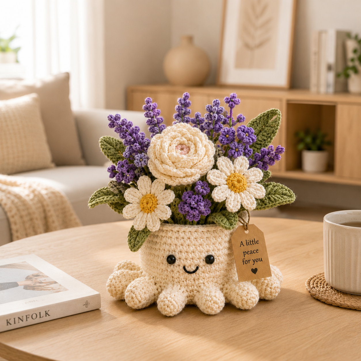 Crochet Lavender & Daisy Bouquet in Octopus Pot, Handmade Gift