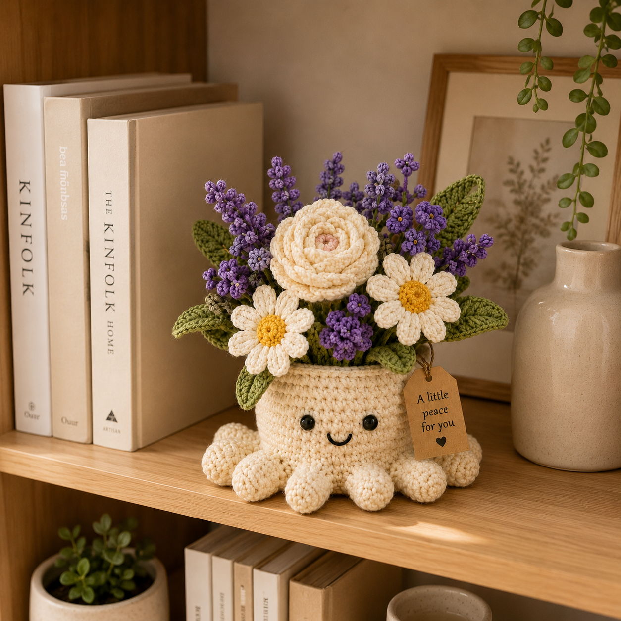 Crochet Lavender & Daisy Bouquet in Octopus Pot, Handmade Gift