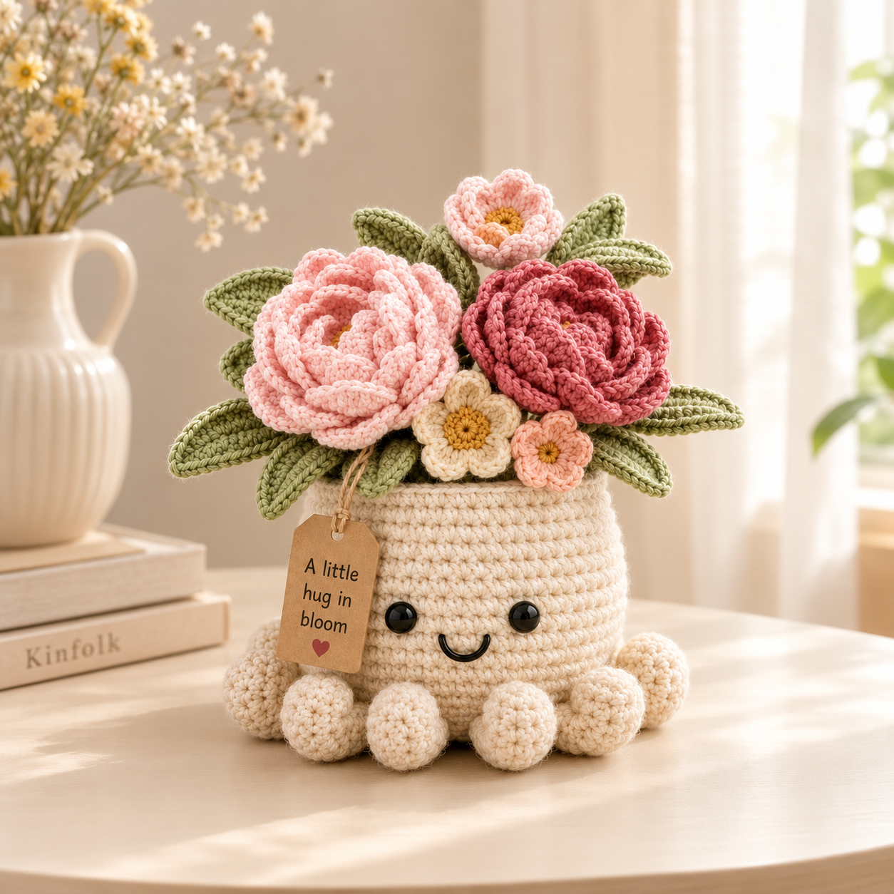 Blush Crochet Peony Bouquet in Octopus Pot – Handmade Floral Gift