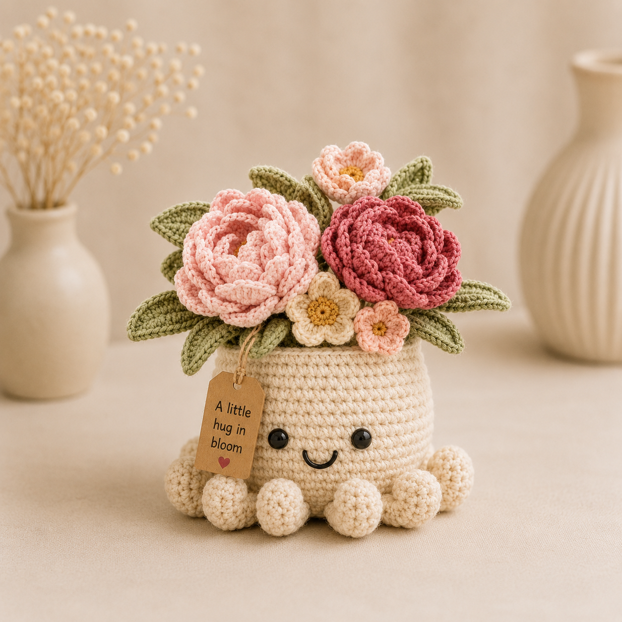 Blush Crochet Peony Bouquet in Octopus Pot – Handmade Floral Gift