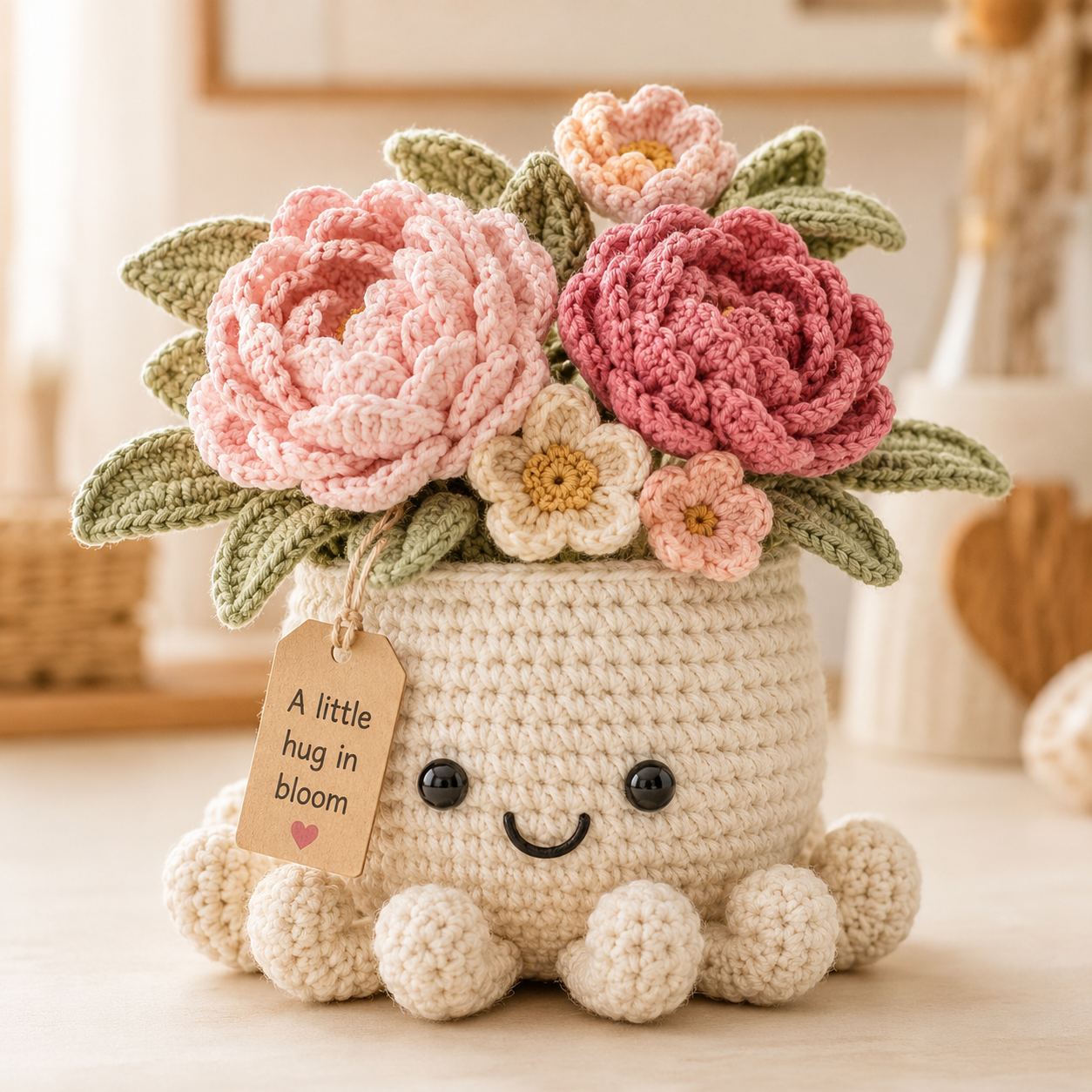 Blush Crochet Peony Bouquet in Octopus Pot – Handmade Floral Gift