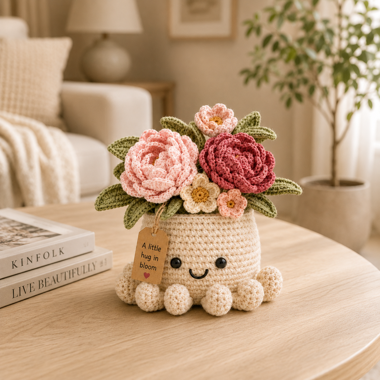 Blush Crochet Peony Bouquet in Octopus Pot – Handmade Floral Gift