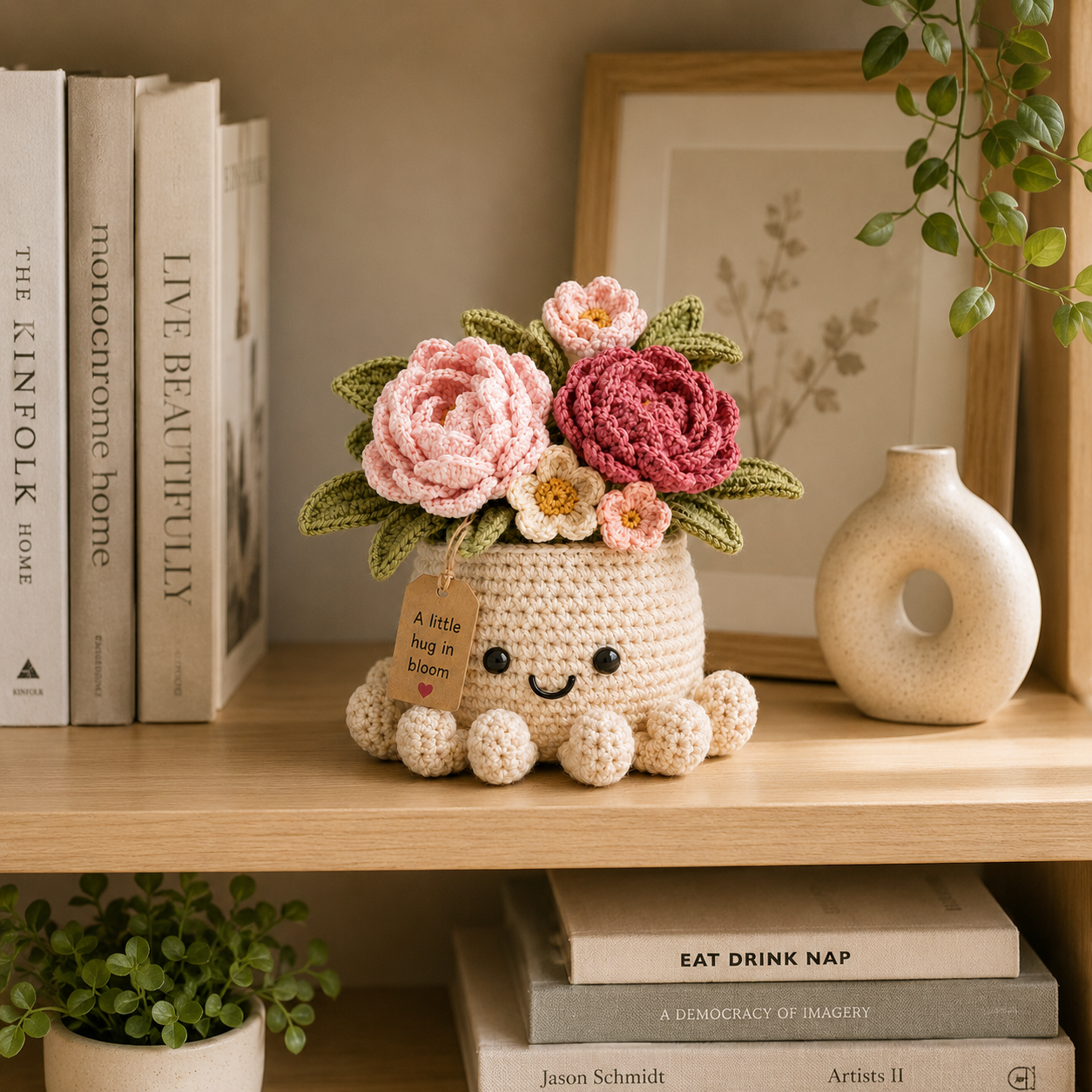 Blush Crochet Peony Bouquet in Octopus Pot – Handmade Floral Gift