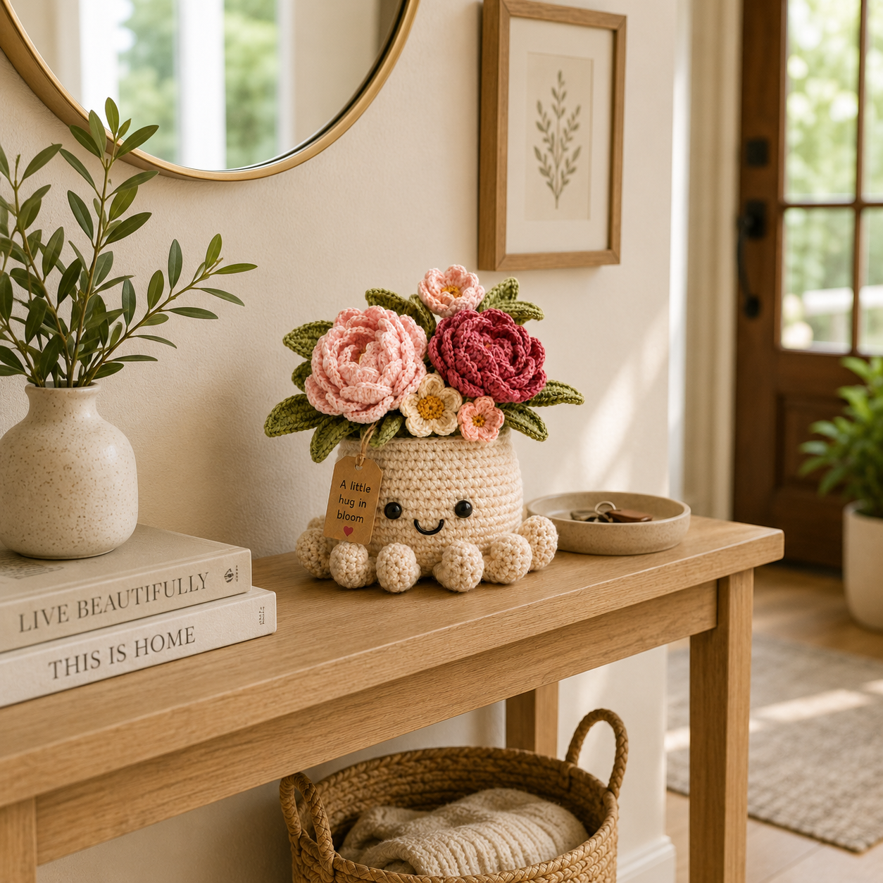 Blush Crochet Peony Bouquet in Octopus Pot – Handmade Floral Gift