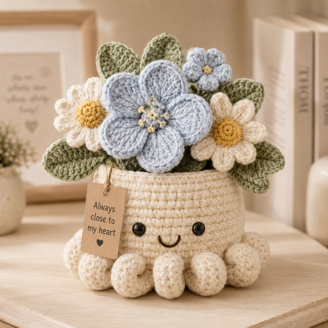 Blue Crochet Forget-Me-Not Bouquet in Octopus Pot – Handmade Gift