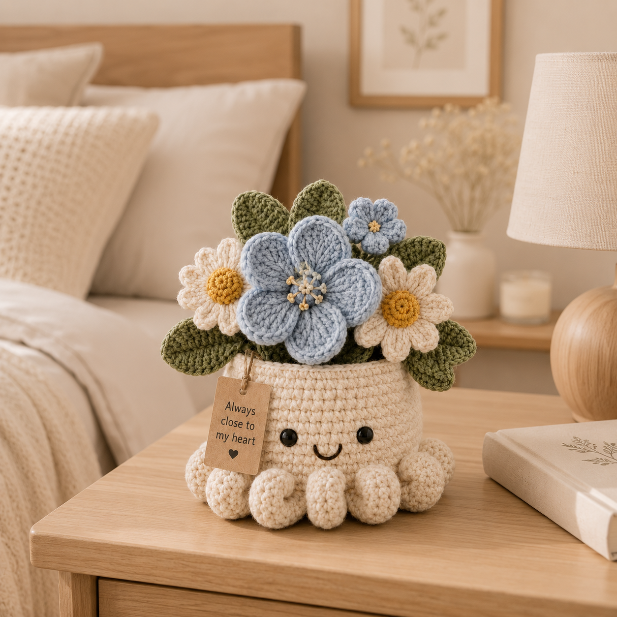 Blue Crochet Forget-Me-Not Bouquet in Octopus Pot – Handmade Gift