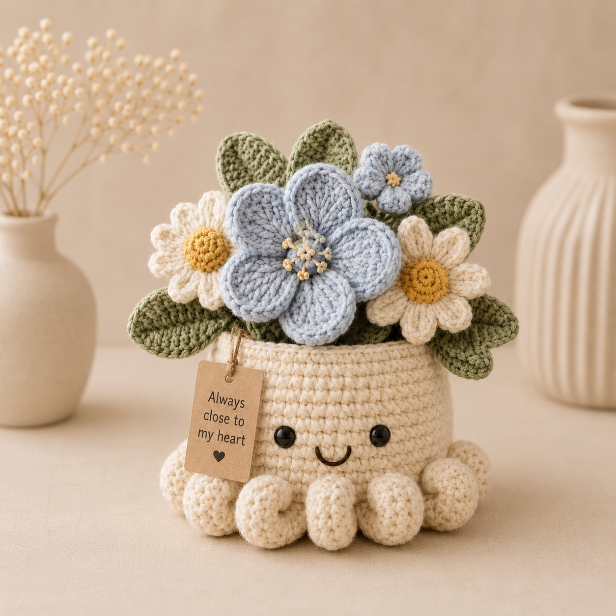 Blue Crochet Forget-Me-Not Bouquet in Octopus Pot – Handmade Gift