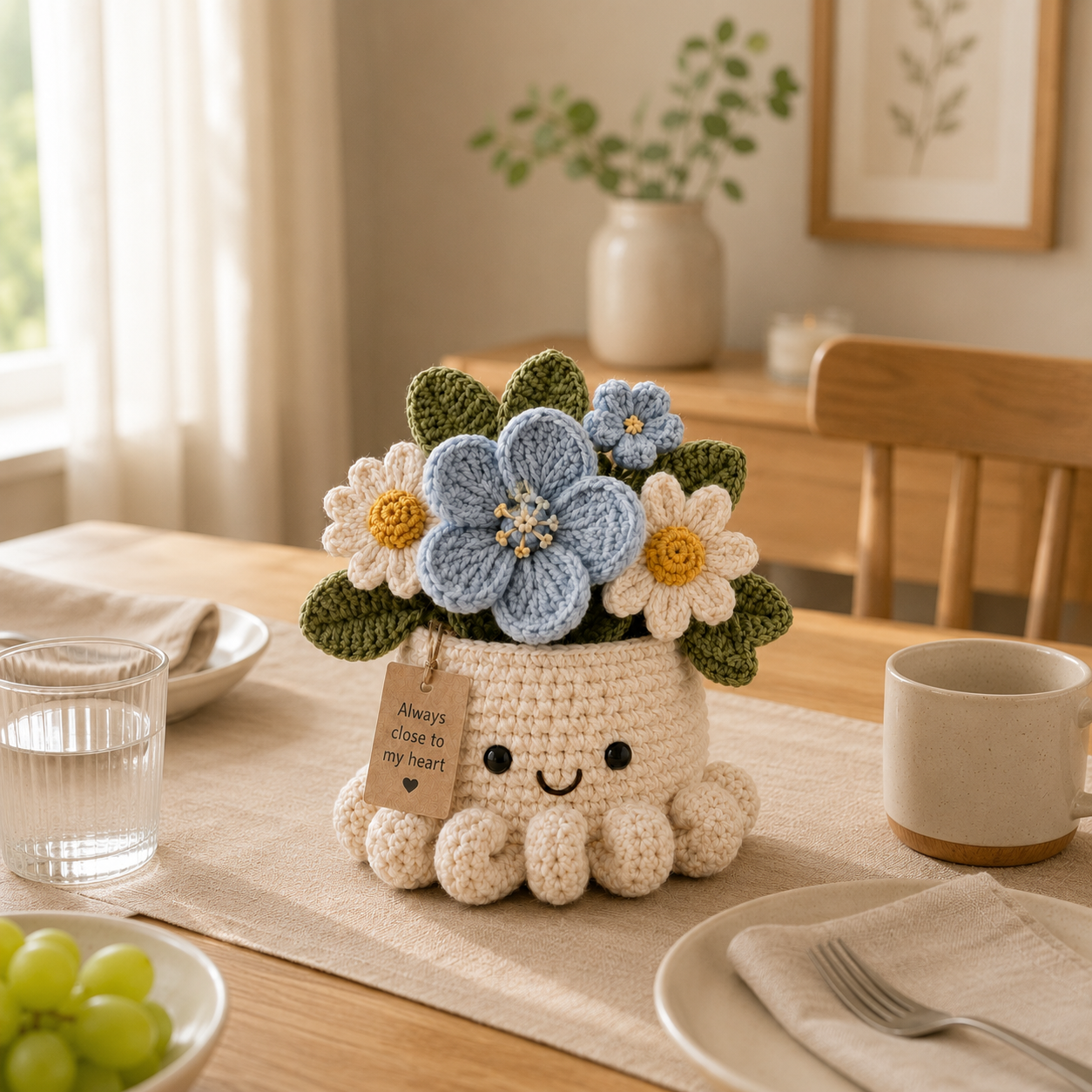 Blue Crochet Forget-Me-Not Bouquet in Octopus Pot – Handmade Gift