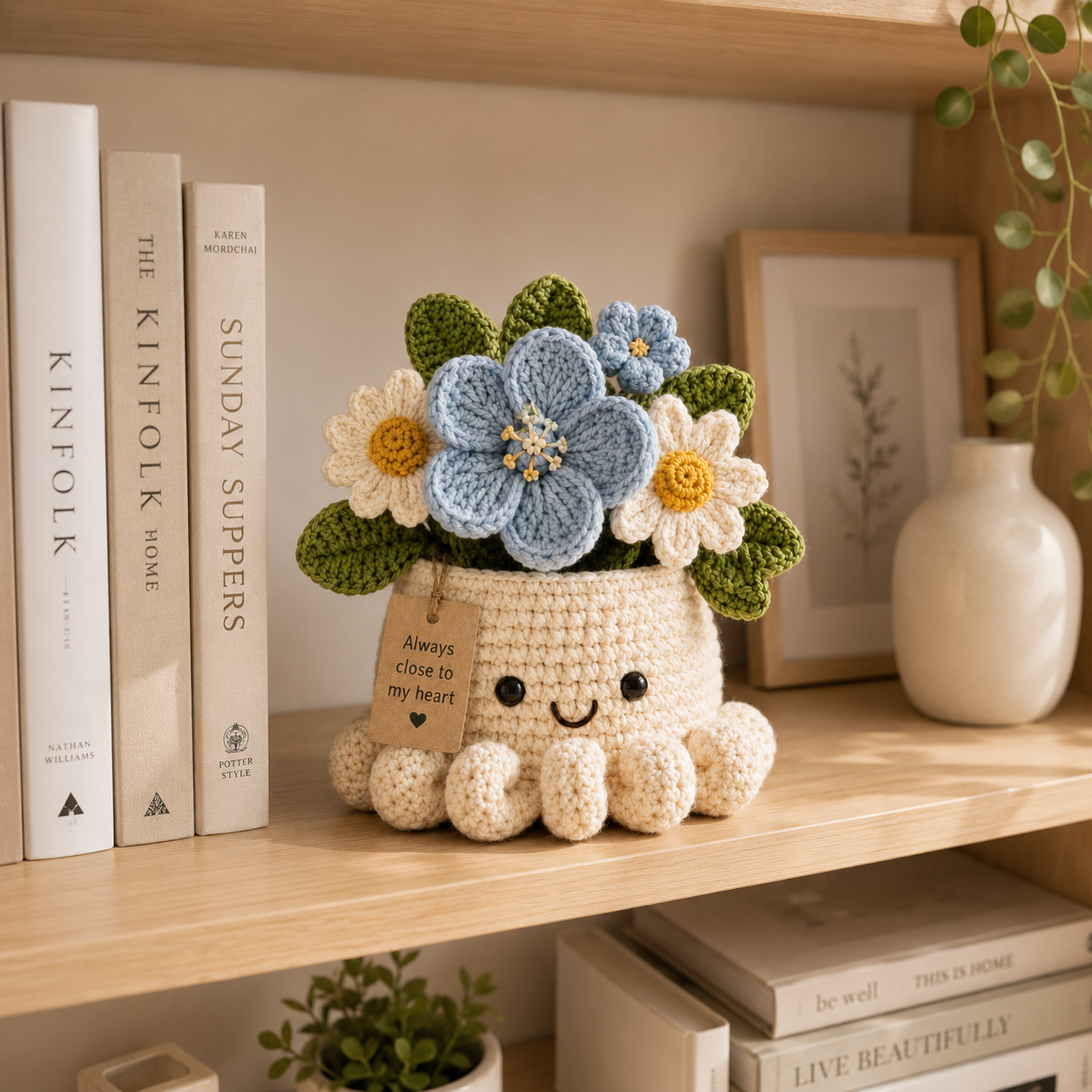 Blue Crochet Forget-Me-Not Bouquet in Octopus Pot – Handmade Gift