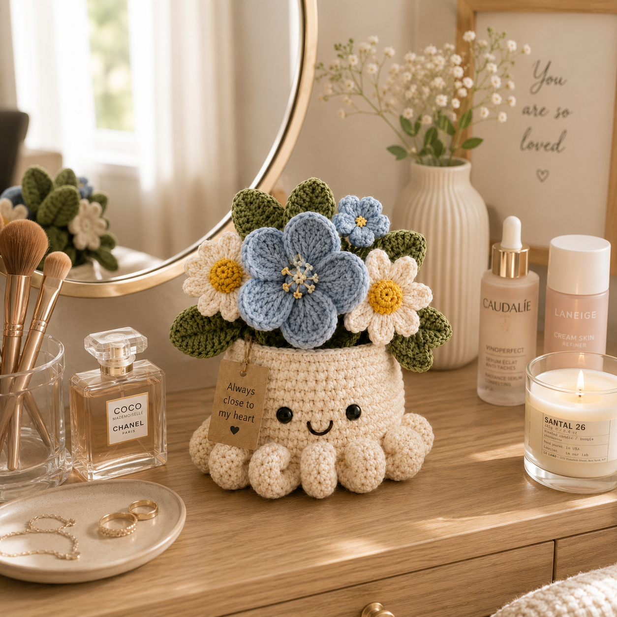 Blue Crochet Forget-Me-Not Bouquet in Octopus Pot – Handmade Gift