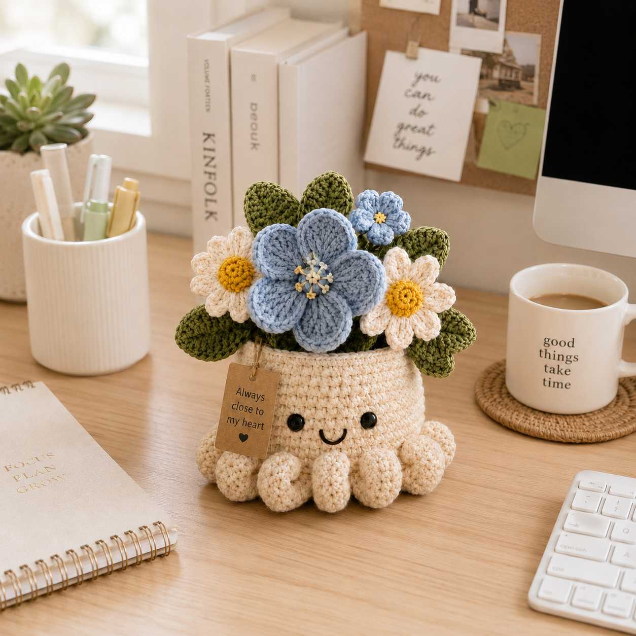 Blue Crochet Forget-Me-Not Bouquet in Octopus Pot – Handmade Gift