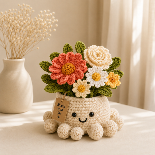 Cheerful Crochet Flower Bouquet in Octopus Pot – Handmade Floral Gift