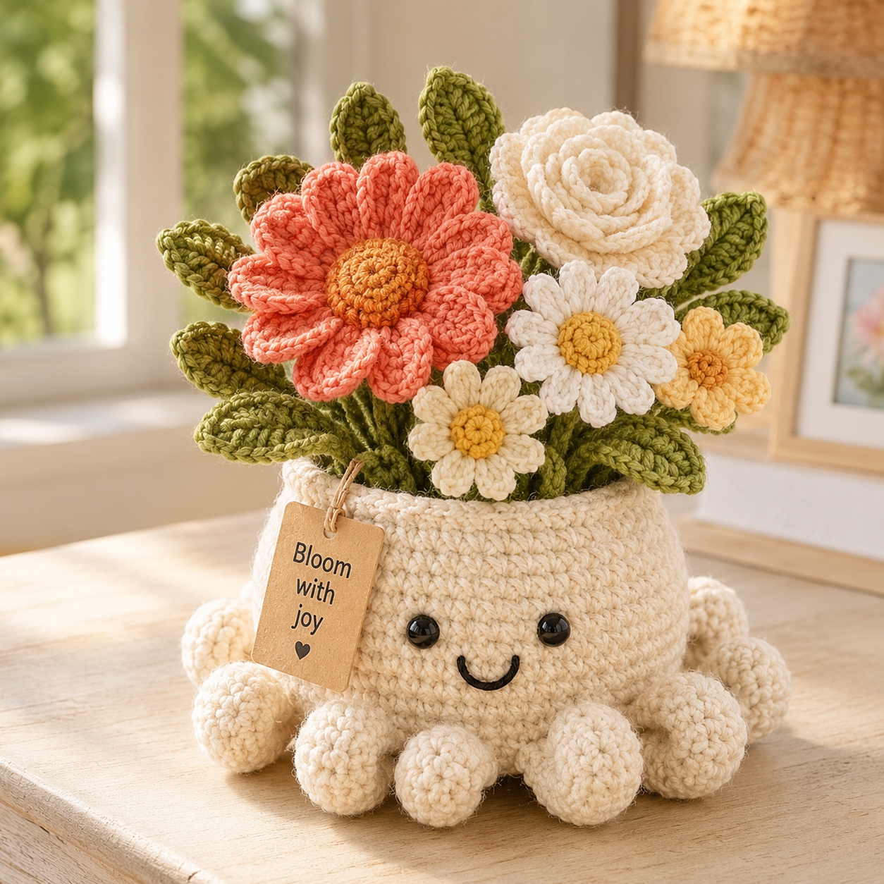 Cheerful Crochet Flower Bouquet in Octopus Pot – Handmade Floral Gift