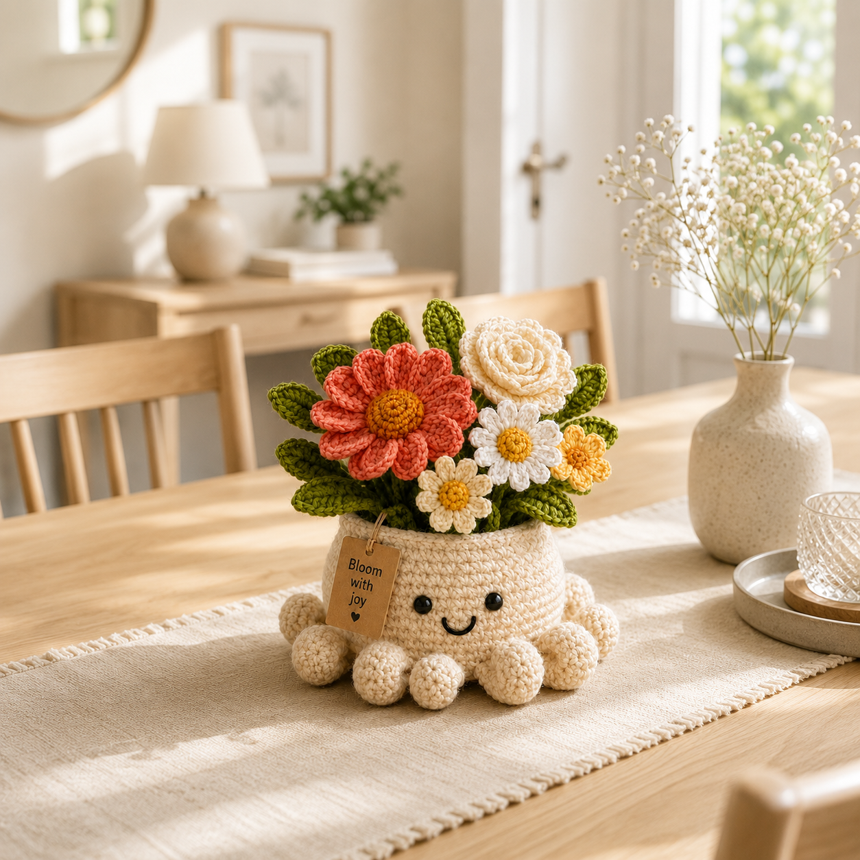 Cheerful Crochet Flower Bouquet in Octopus Pot – Handmade Floral Gift