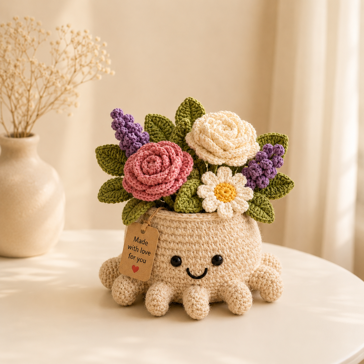 Crochet Rose & Lavender Bouquet in Octopus Pot – Handmade Floral Gift