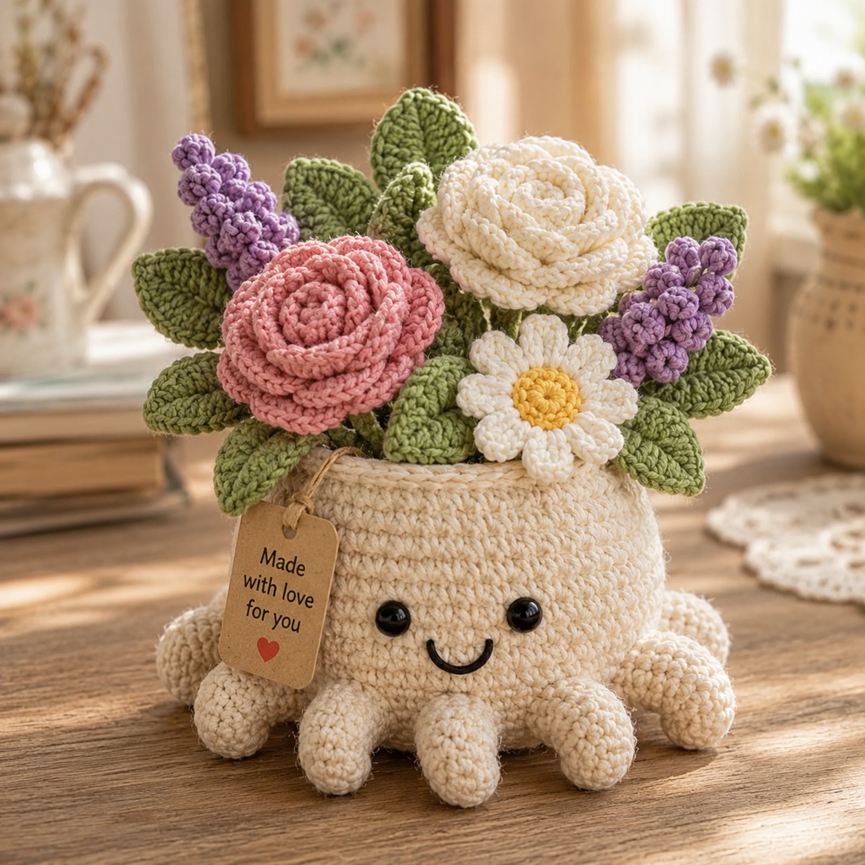 Crochet Rose & Lavender Bouquet in Octopus Pot – Handmade Floral Gift