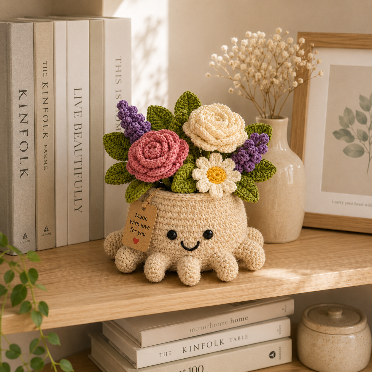 Crochet Rose & Lavender Bouquet in Octopus Pot – Handmade Floral Gift