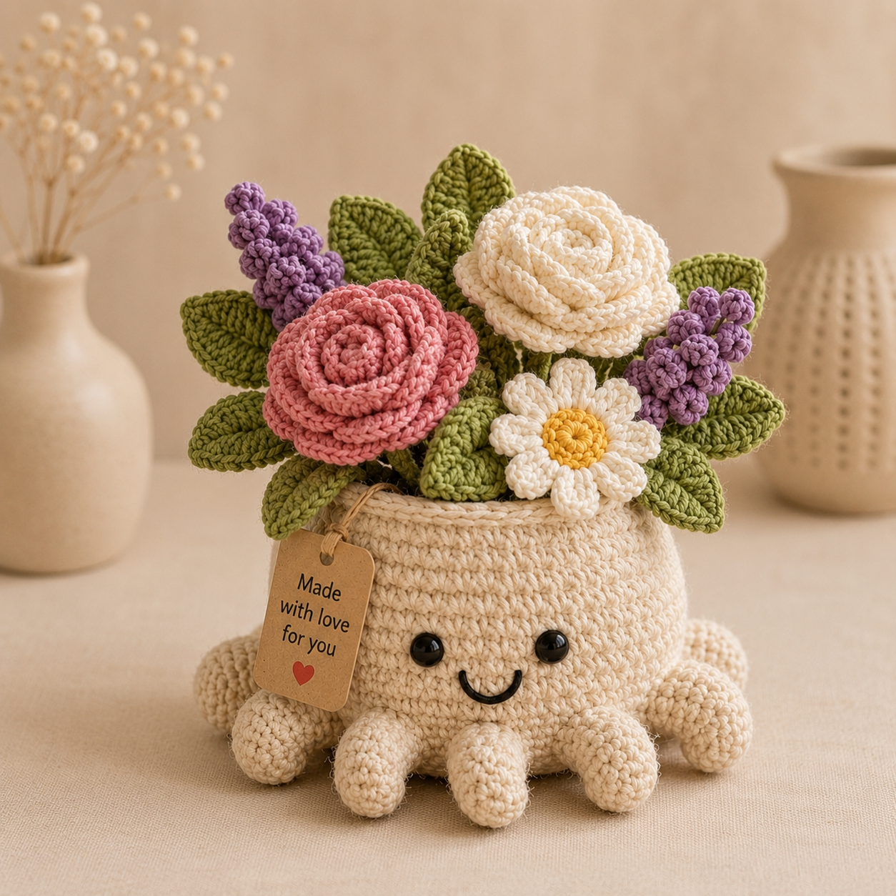 Crochet Rose & Lavender Bouquet in Octopus Pot – Handmade Floral Gift