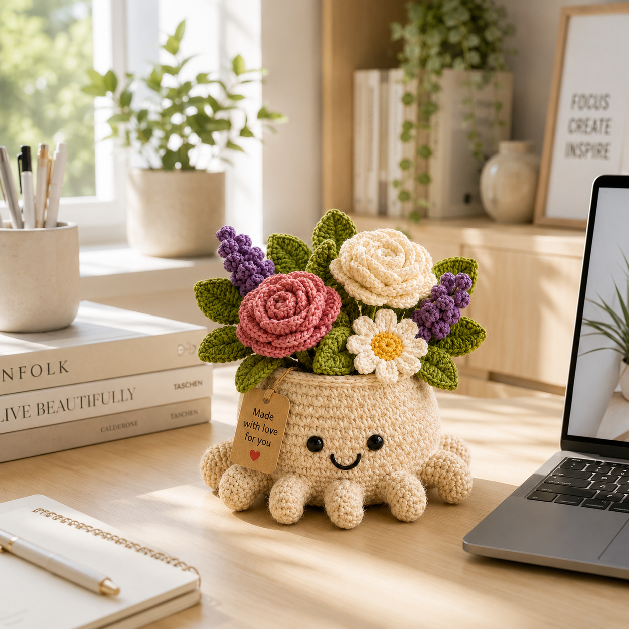 Crochet Rose & Lavender Bouquet in Octopus Pot – Handmade Floral Gift