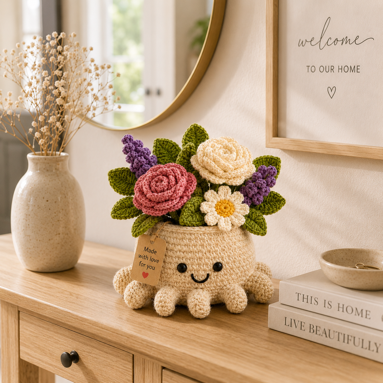 Crochet Rose & Lavender Bouquet in Octopus Pot – Handmade Floral Gift