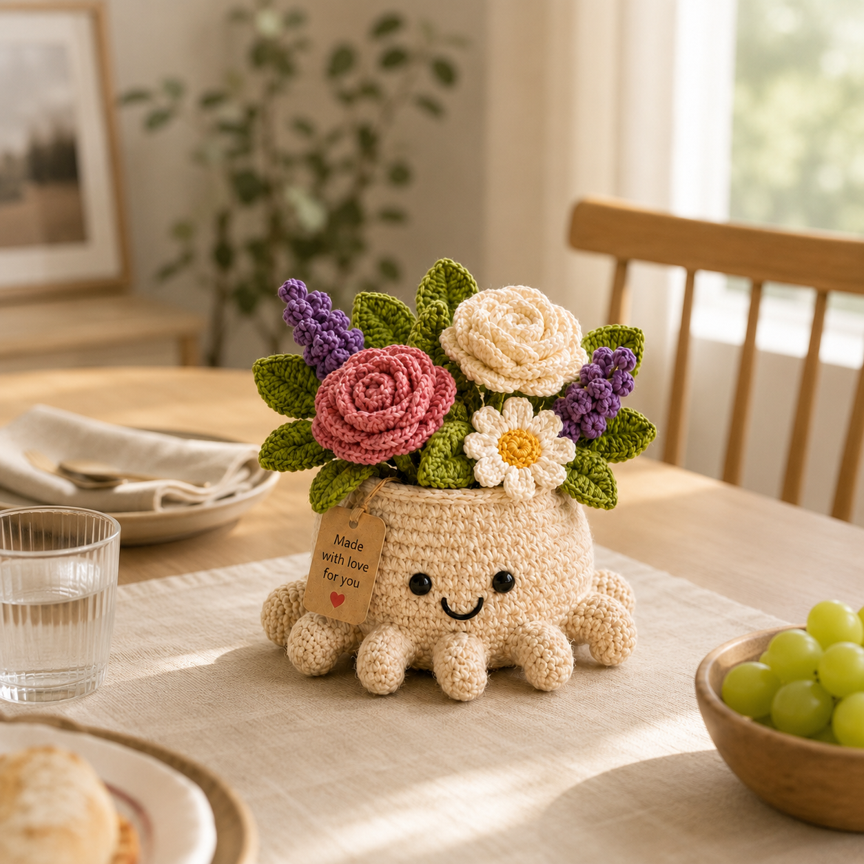 Crochet Rose & Lavender Bouquet in Octopus Pot – Handmade Floral Gift