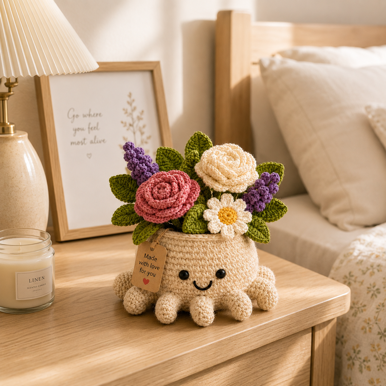 Crochet Rose & Lavender Bouquet in Octopus Pot – Handmade Floral Gift